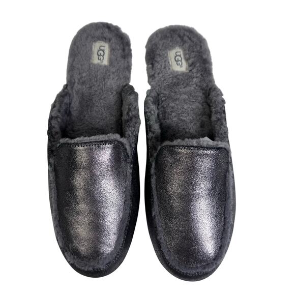 UGG Slippers 11 Lane Metallic Gunmetal Suede Fur Lined Sheepskin Loafer Mule - Picture 2 of 13